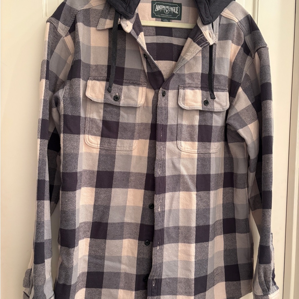 American Eagle Plaid Hooded Flannel Shirt - Cream & Gray